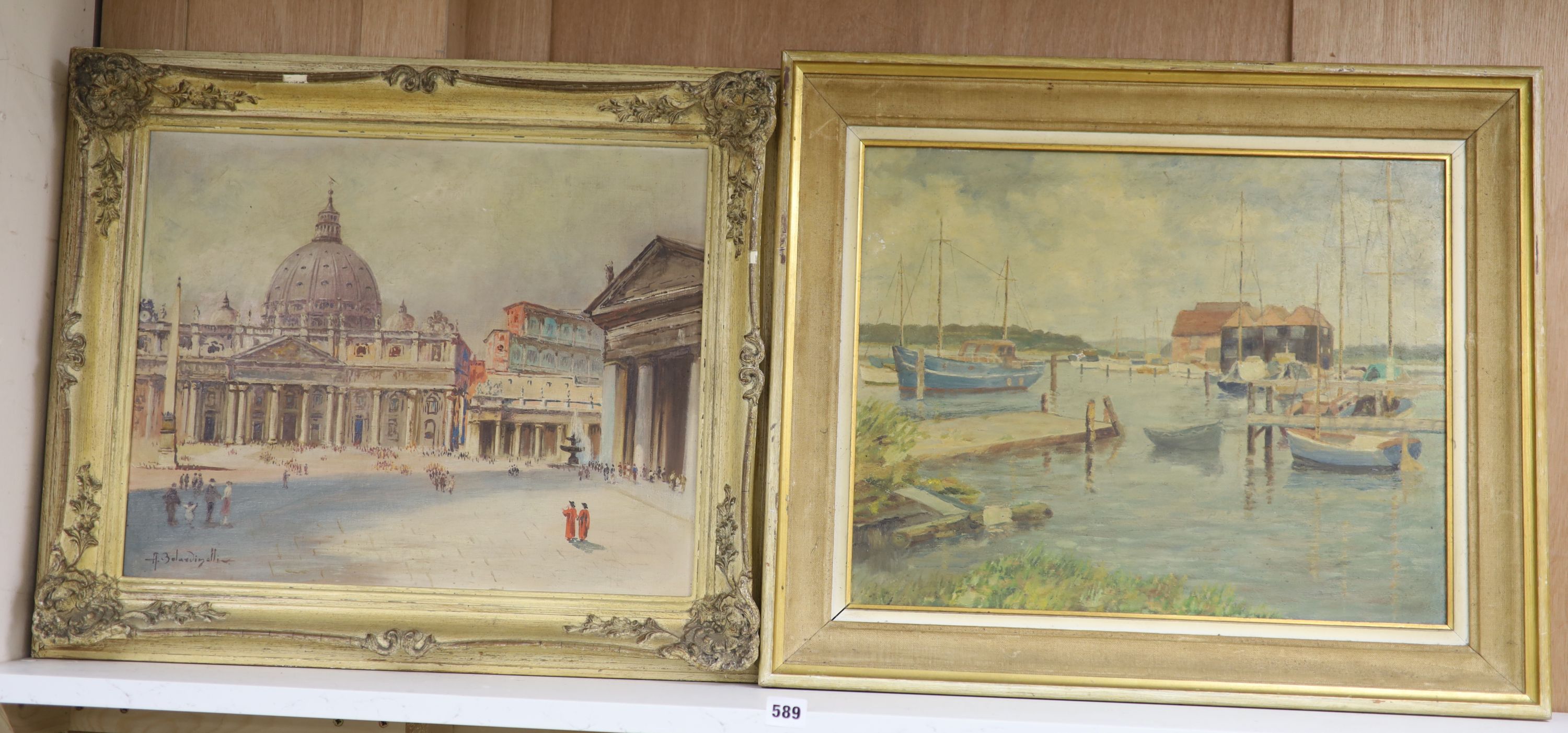 A. Belardinelli, oil on canvas board, St Peter's, Rome, signed, 39 x 49cm and an oil harbour scene by another hand
